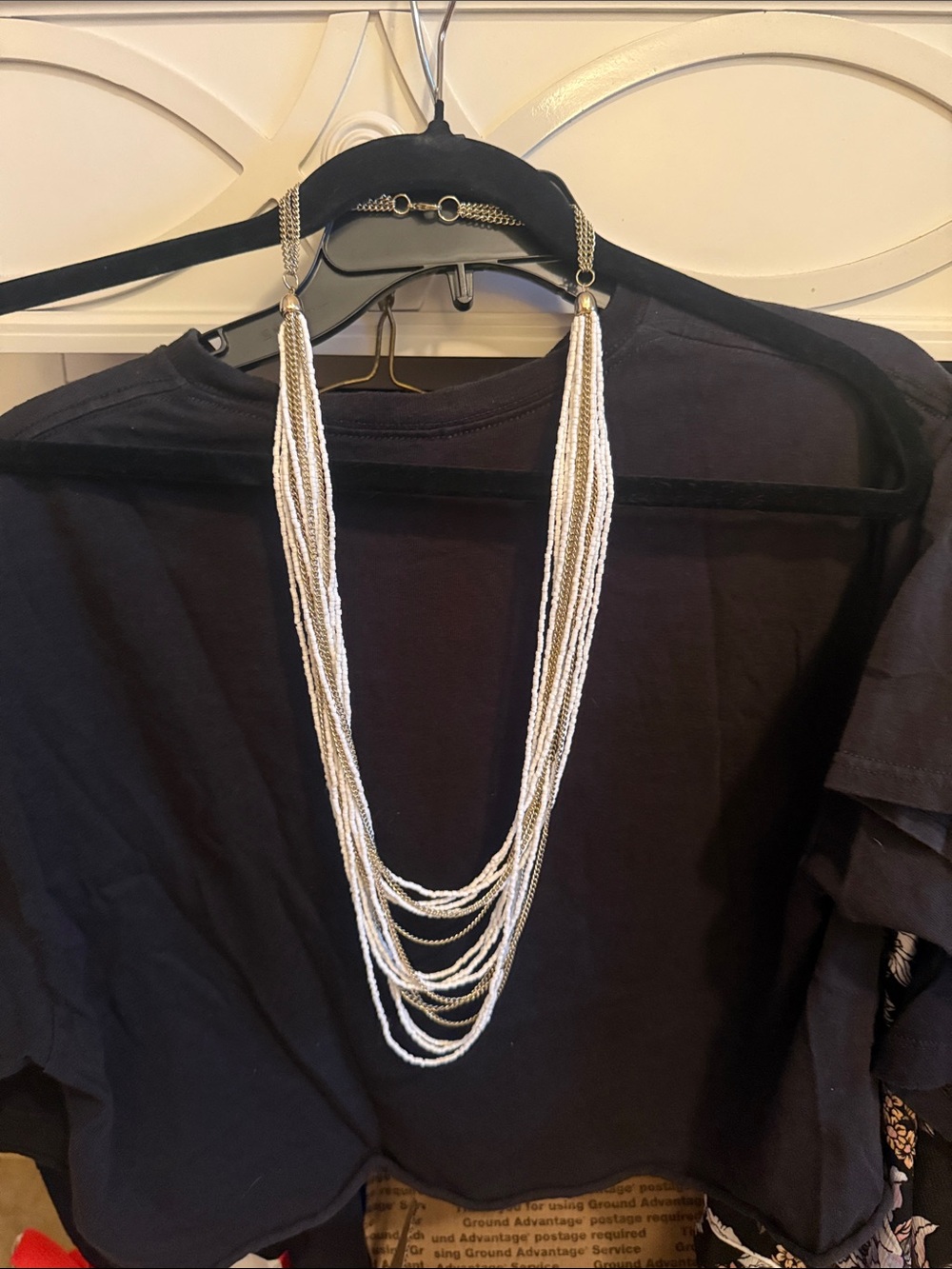 17 Strand White Glass Bead and Gold Tone Boho Statement Necklace Vtg